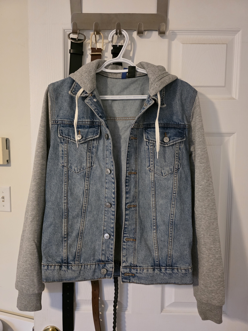 H&M Light Blue Denim Jacket with Gray Hoodie & Sleeves - SM
